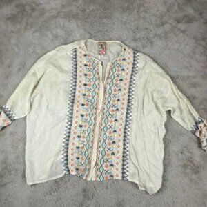 Johnny Was Embroidered Blouse Bohemian Tunic Western Top‎ Cream Sz M Aztec Boxy
